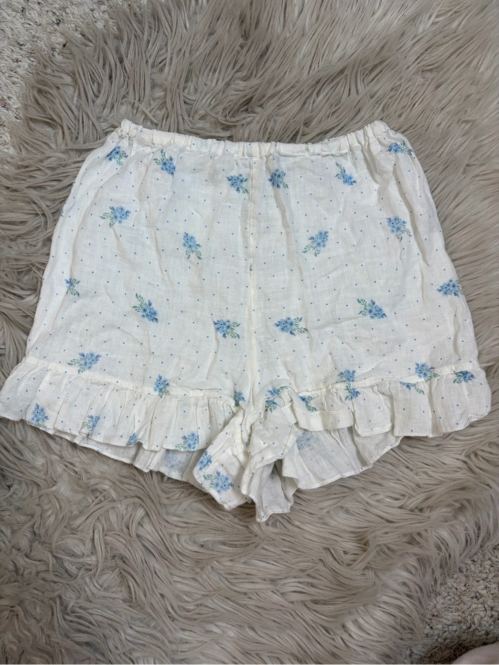 Sleeper White Blue Floral Linen Ruffle Pajama Sleep Shorts XS
